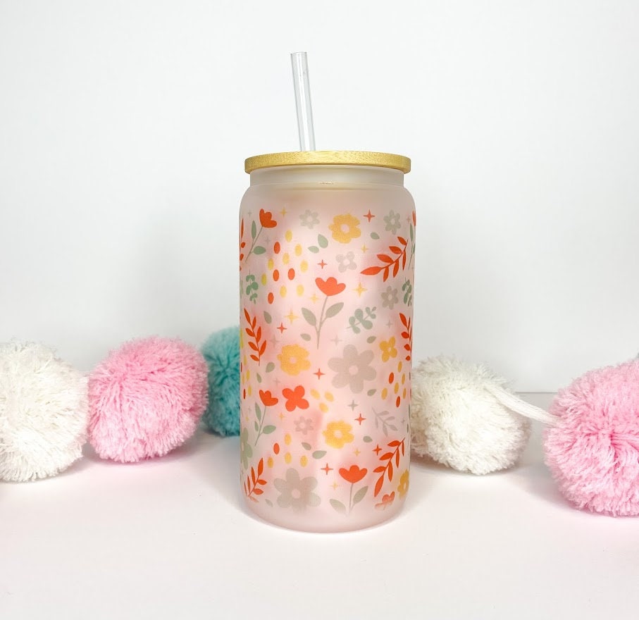 Floral Glass Can with Bamboo Lid & Straw