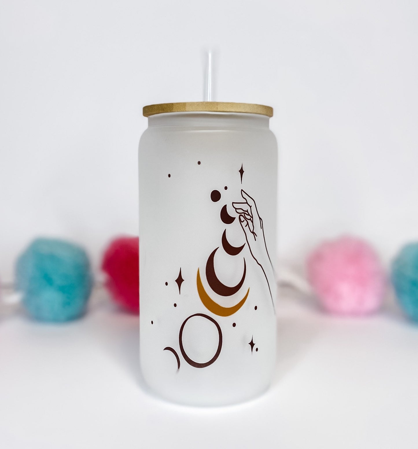 Moon Phase Glass Can with Bamboo Lid & Straw