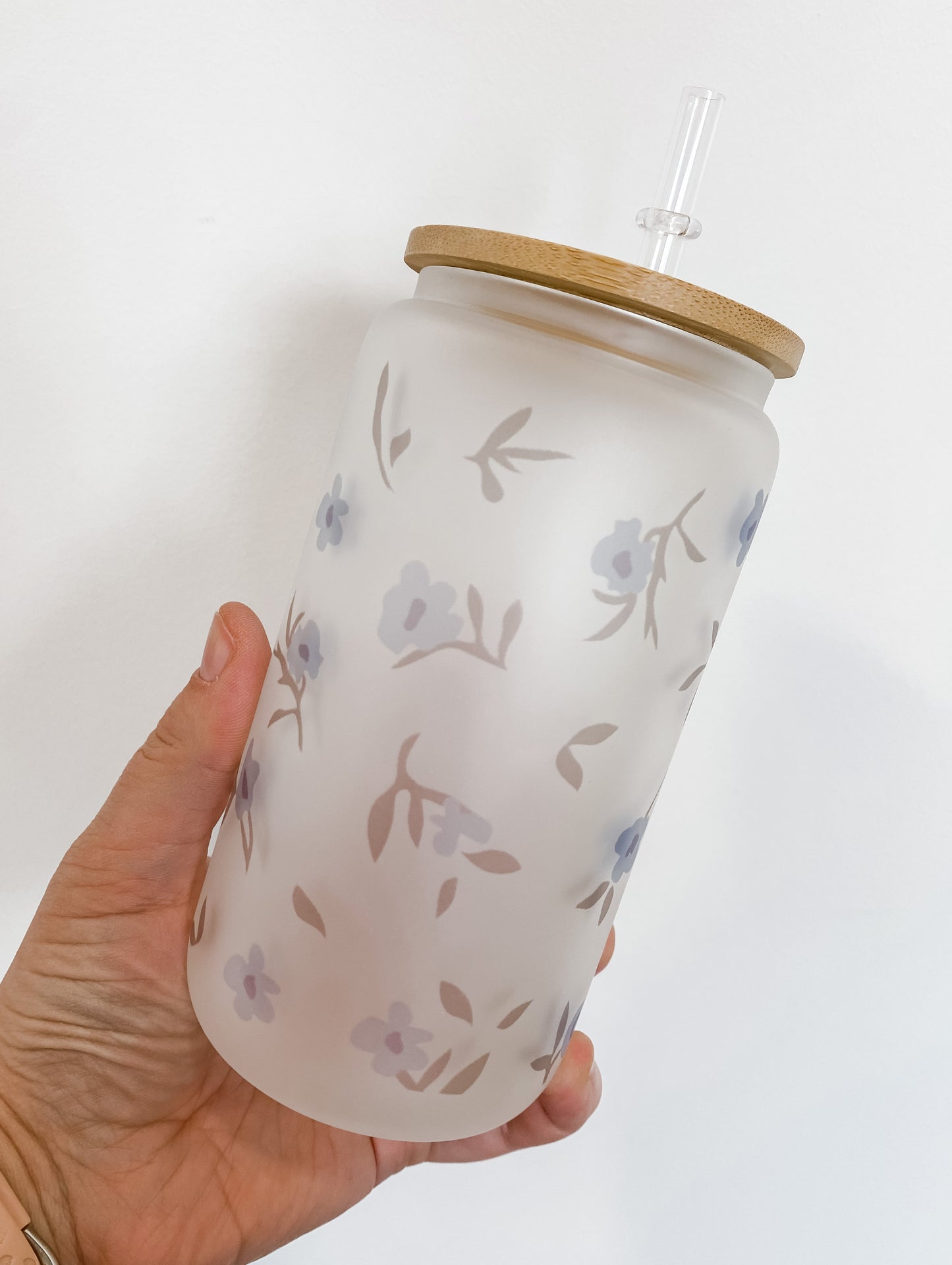 Blue Floral Glass Can