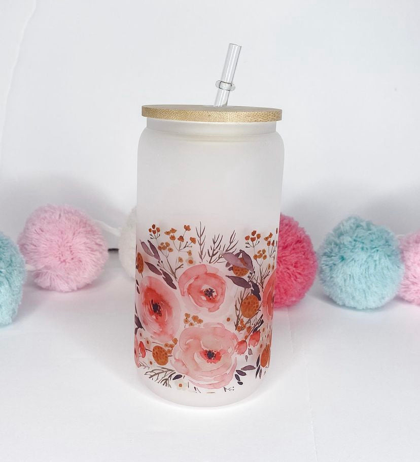 Pink Floral Glass Can