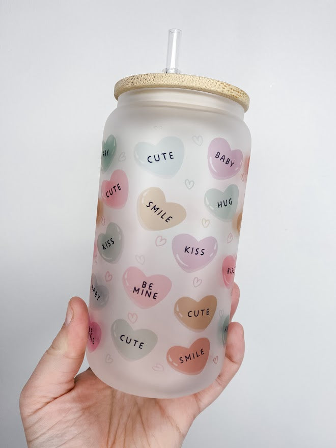 Conversation Hearts Glass Can
