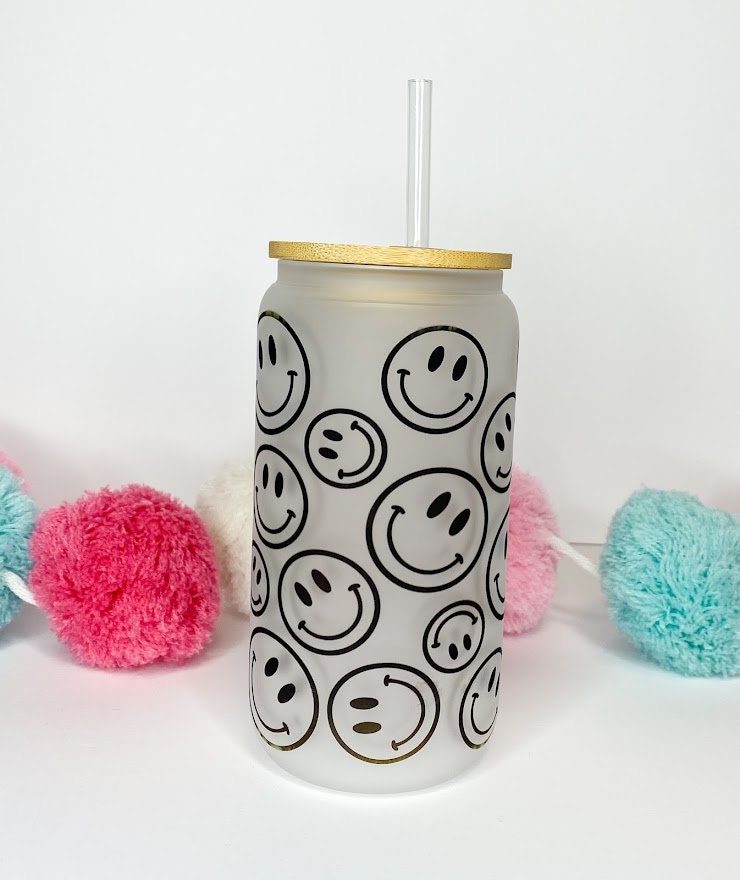 Smiley Face Glass Can with Bamboo Lid & Straw