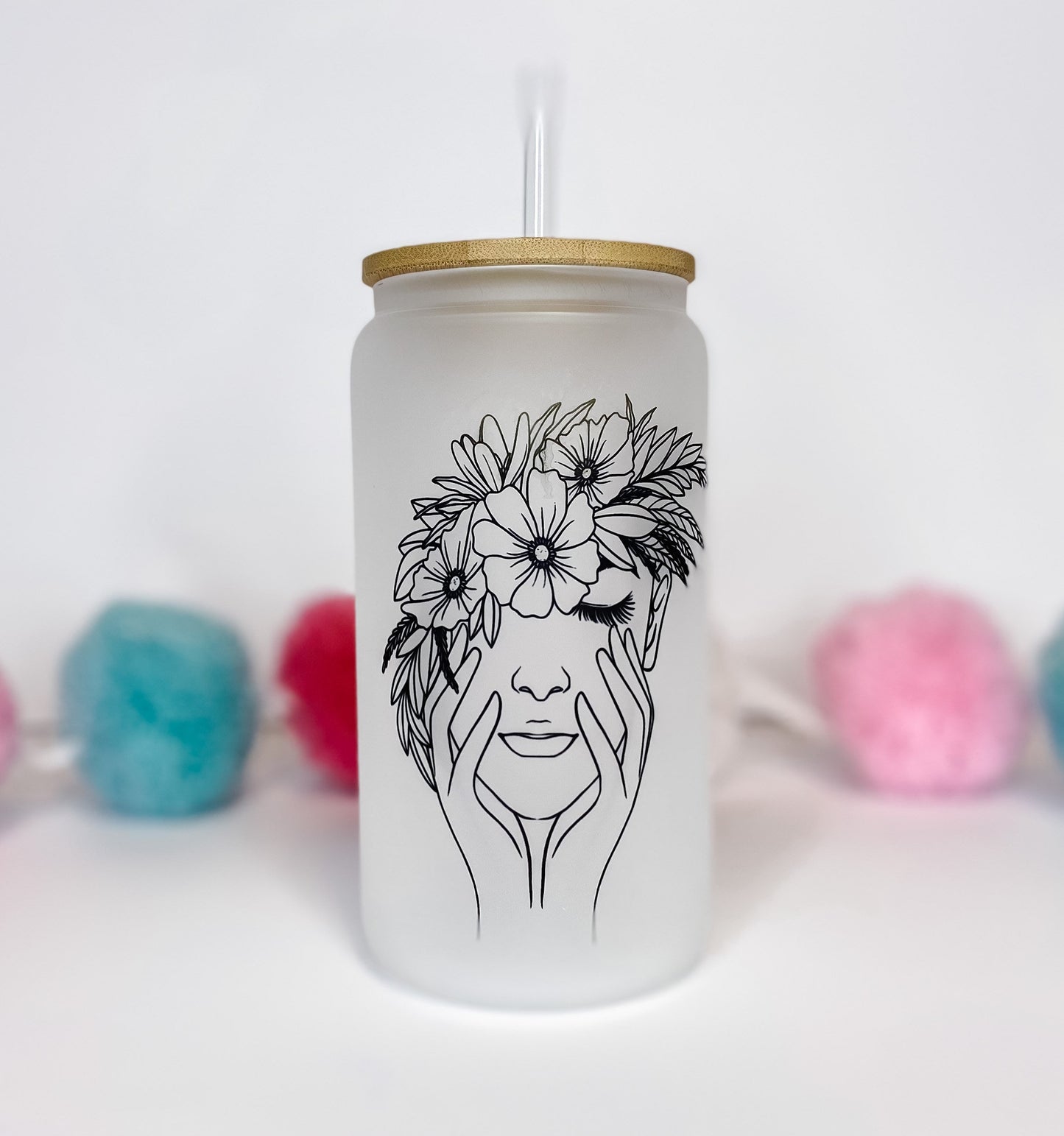 Floral Crown Glass Can with Bamboo Lid & Straw