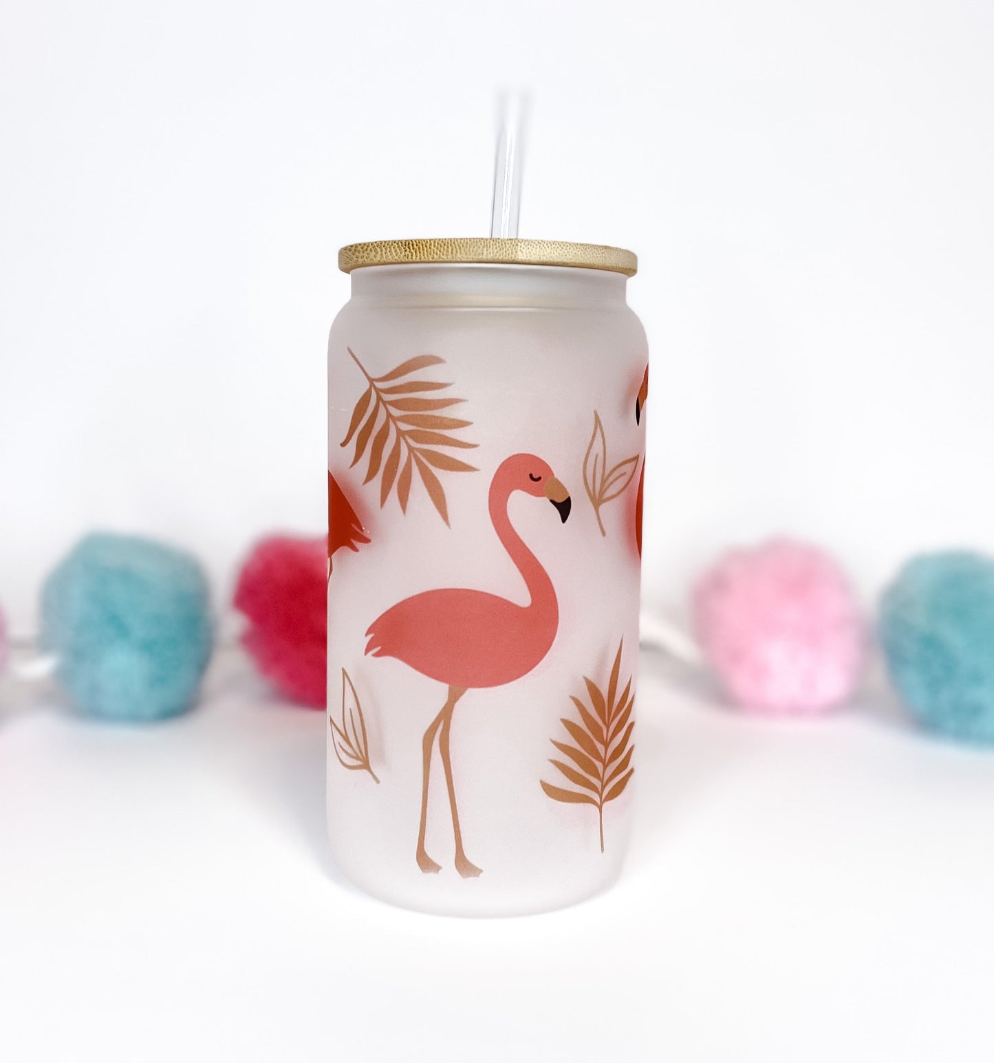 Flamingo Glass Can with Bamboo Lid & Straw