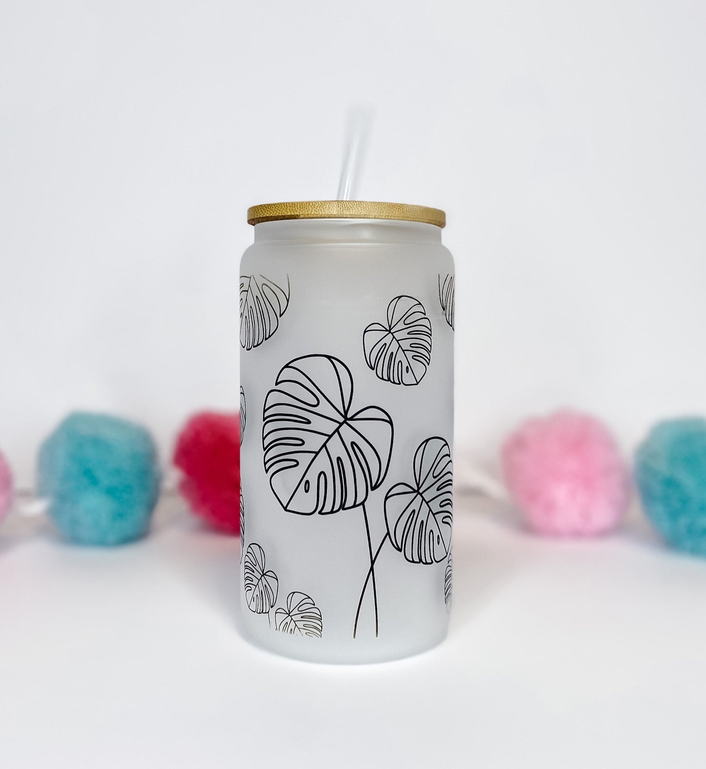Monstera Glass Can with Bamboo Lid & Straw