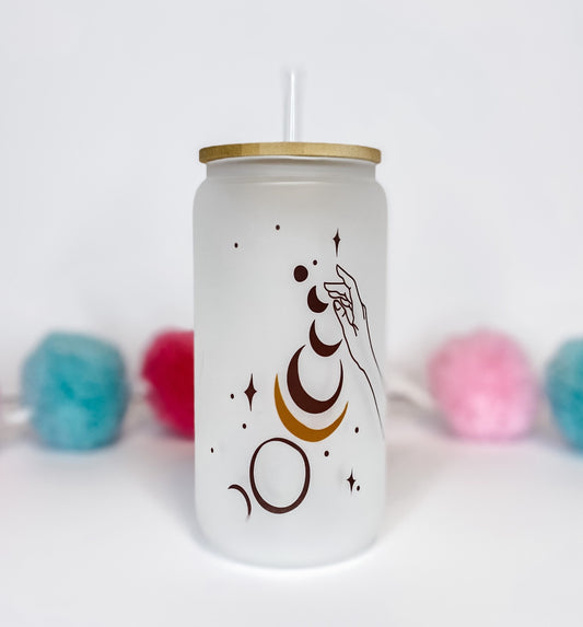 Moon Phase Glass Can with Bamboo Lid & Straw