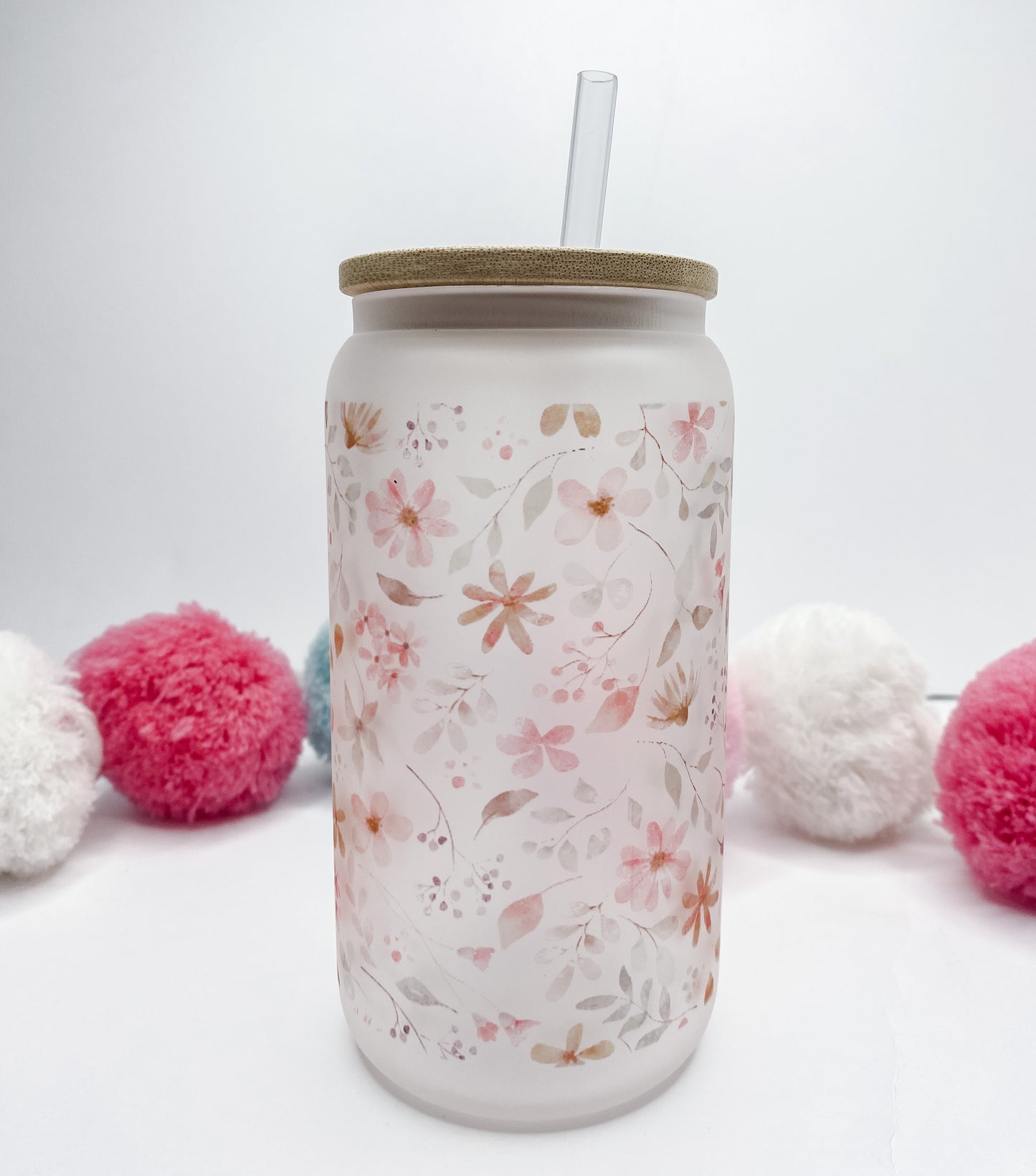 Floral Glass Can with Bamboo Lid & Straw