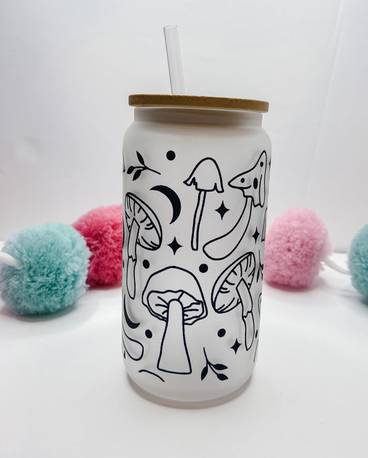 Magic Mushroom Glass Can with Bamboo Lid & Straw