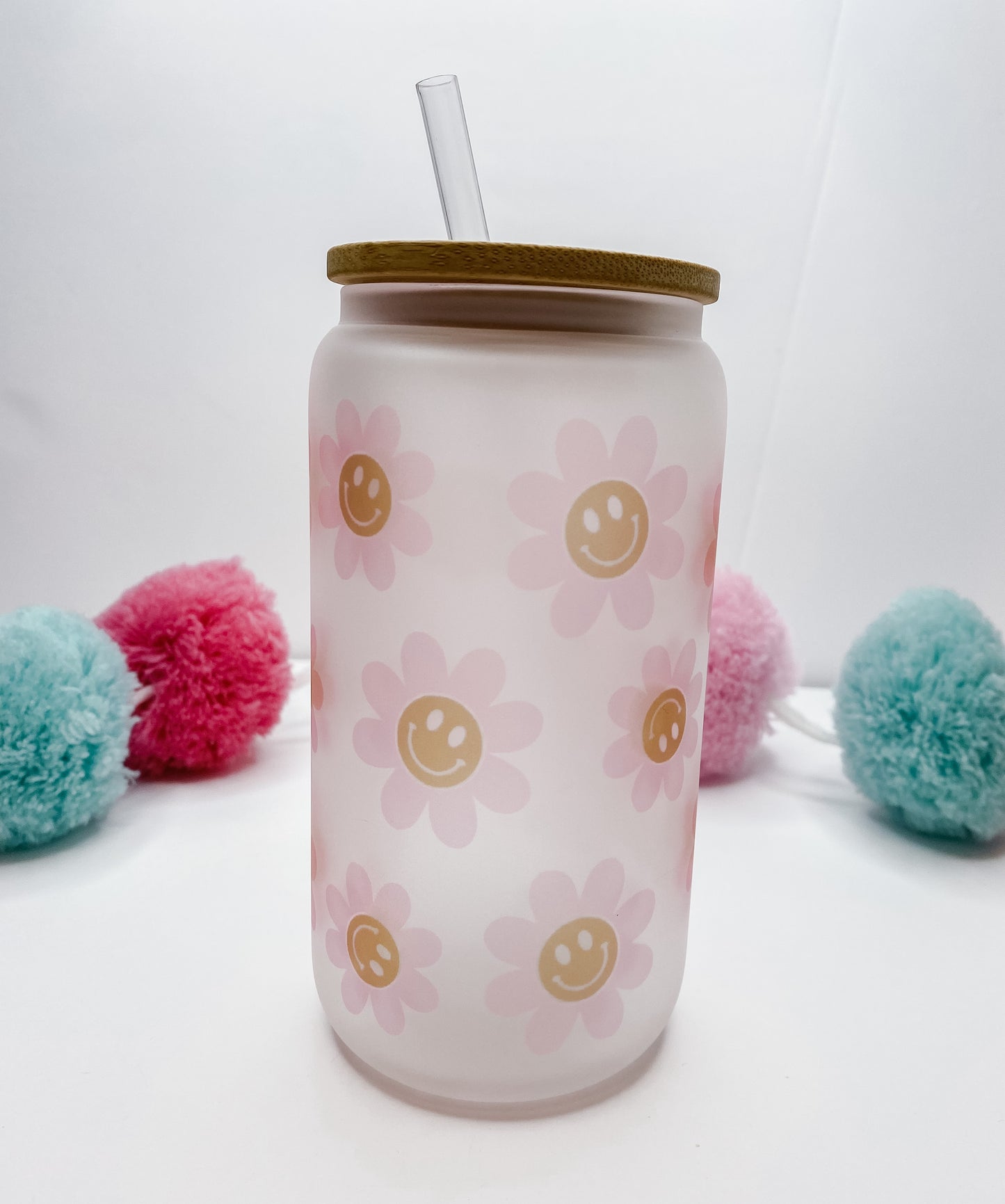 Floral, Smiley Glass Can with Bamboo Lid & Straw
