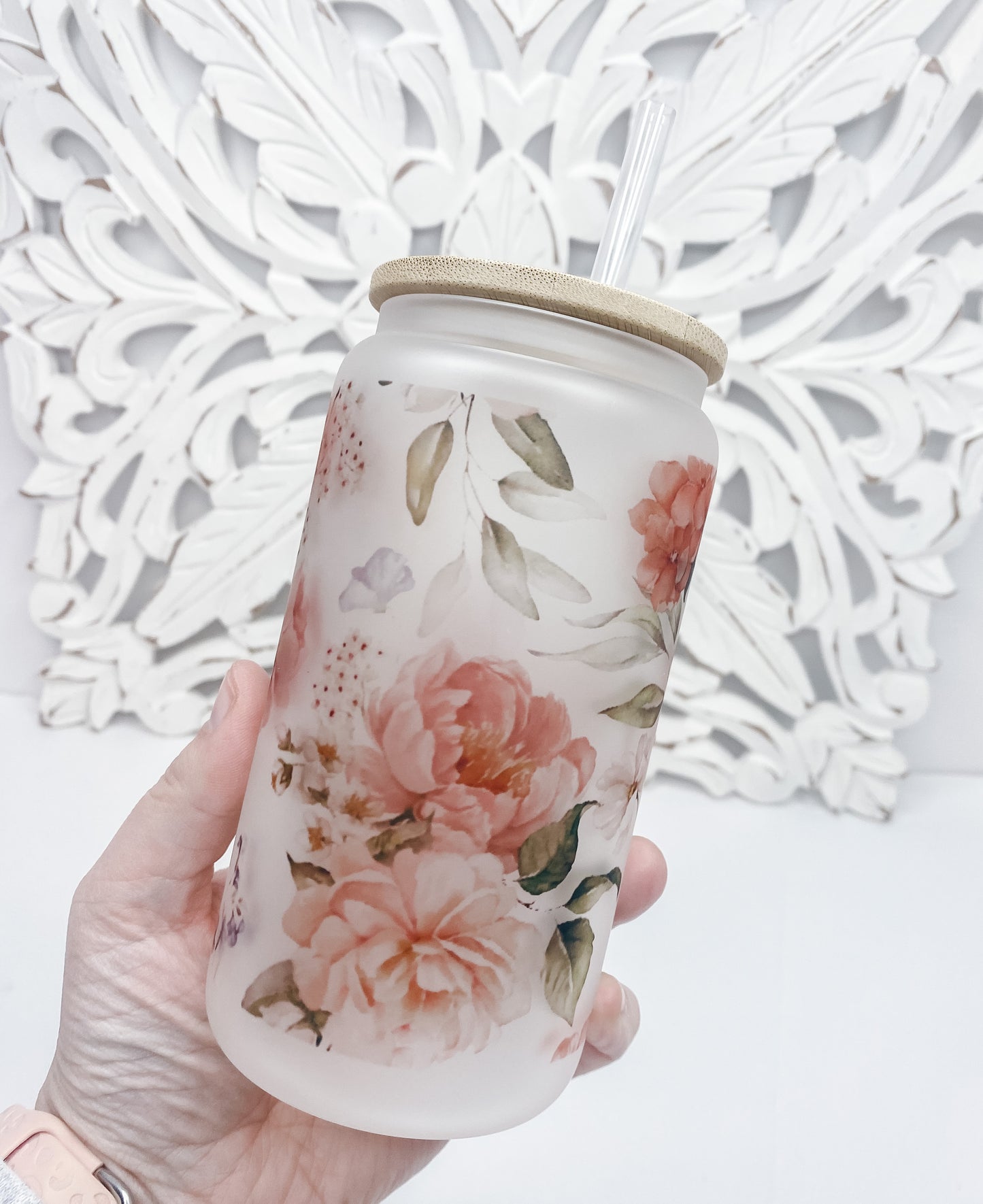 Blush Floral Glass Can